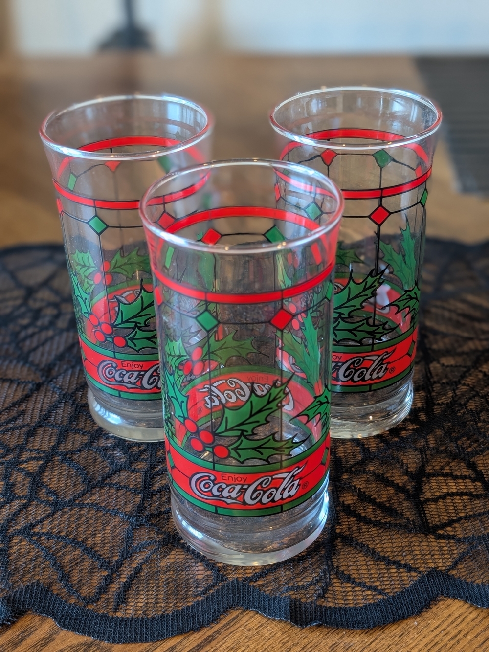 Coca Cola Vintage Red and Green Holly Motif Glasses (Set of 3)